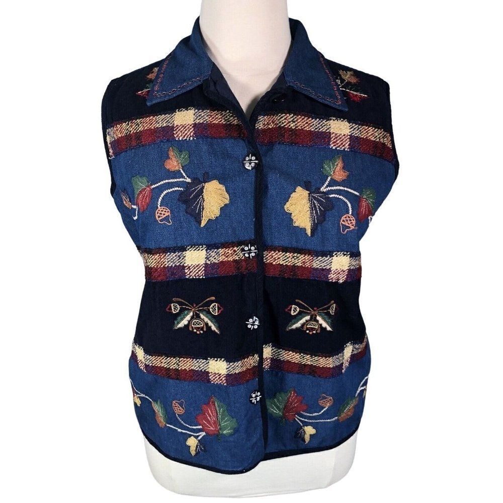 New Direction Plus 3X Blue Chambray Denim Vest Embroidered Harvest Fall Collared